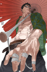 1boy abs absurdres belt black_hair commentary dandadan ear_piercing eyebrow_piercing glasses highres male_focus muscular muscular_male oil-paper_umbrella pakupaku_keema pectorals piercing red_umbrella short_hair solo umbrella underwear unji_zuma