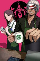 1boy 1girl ace_attorney amikoiiko black_shirt brown_hair coffee_mug cup dark-skinned_male dark_skin eye_mask facial_hair godot_(ace_attorney) highres mia_fey mug shirt spiked_hair white_hair
