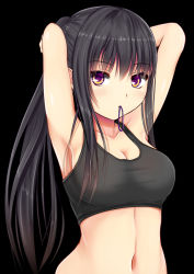 1girl adjusting_hair armpits arms_up black_background black_hair breasts female_focus highres kurokami_(kurokaminohito) long_hair looking_at_viewer medium_breasts mouth_hold navel original ponytail sidelocks simple_background solo sports_bra stomach upper_body yellow_eyes