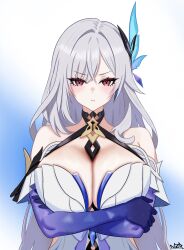 1girl absurdres alternate_breast_size bare_shoulders blue_gloves blush breasts cleavage crossed_arms dress elbow_gloves genshin_impact gloves highres huge_breasts long_hair looking_at_viewer nazara774 pout red_eyes skirk_(genshin_impact) solo
