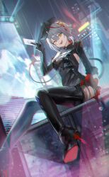 1girl :d absurdres ambience_synesthesia antenna_hair arknights asymmetrical_gloves between_fingers black_boots black_gloves black_hat boots breasts chromatic_aberration colored_shoe_soles elbow_gloves foot_out_of_frame gloves grey_hair hair_between_eyes hat high_heel_boots high_heels highres holding looking_at_viewer medium_breasts multicolored_hair night official_alternate_costume open_mouth outdoors rain red_hair shoe_soles short_hair single_elbow_glove sitting smile solo strap streaked_hair tail thigh_boots torn_clothes uneven_gloves w_(arknights) w_(wanted)_(arknights) water water_drop yellow_eyes yukibanashi