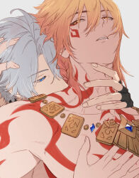 2boys black_gloves blue_eyes blue_gemstone body_markings braid commentary curtained_hair facial_mark fingerless_gloves fingernails gem gloves gradient_hair grey_hair hair_between_eyes hand_on_another&#039;s_chest hand_on_another&#039;s_head hand_on_another&#039;s_neck hashtag-only_commentary highres honkai:_star_rail honkai_(series) jewelry kiss kissing_neck looking_to_the_side male_focus multicolored_hair multiple_boys mydei_(honkai:_star_rail) necklace nlllllllll0216 nude parted_lips phainon_(honkai:_star_rail) side_braid sideways_glance simple_background teeth upper_body white_background yaoi yellow_eyes