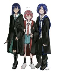 Rule 34 | 1boy, 2girls, amate yuzuriha, blue hair, collared shirt, colored inner hair, full body, gumidrawing, gundam, gundam gquuuuuux, harry potter (series), highres, hogwarts school uniform, holding, holding wand, jacket, locked arms, long hair, looking at viewer, multicolored hair, multiple girls, necktie, nyaan (gundam gquuuuuux), open mouth, pants, parody, purple hair, red eyes, red hair, school uniform, shirt, short hair, shuji ito, skirt, smile, standing, two-tone hair, wand, white shirt, wizarding world, yellow eyes