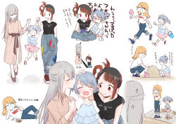 4girls ^_^ aged_up alternate_costume anger_vein angry arm_behind_head asymmetrical_bangs bare_arms black_hair black_shirt blonde_hair blue_eyes blue_hair blue_jumpsuit blue_pants blue_shirt blue_shoes blunt_bangs bow brown_bow brown_shoes bucket buttons child clenched_hand closed_eyes closed_mouth club club_(weapon) collared_dress commentary_request controller crossed_legs crying crying_with_eyes_open denim dirty dog_tags dress eating empty_eyes flexing food frilled_shirt frilled_skirt frills from_behind game_controller gradient_hair grey_hair hair_between_eyes hair_bow hair_rings half-closed_eyes hand_in_pocket hand_on_another&#039;s_head hand_on_own_cheek hand_on_own_face height_difference high-waist_pants high-waist_skirt highres holding holding_bucket holding_club holding_controller holding_food holding_game_controller holding_hands holding_shovel holding_weapon jeans jewelry jitome jumpsuit jumpsuit_around_waist kissing_head kneehighs kneeling kureha_yuna light_blush long_hair long_skirt long_sleeves looking_at_another lying magia_record:_mahou_shoujo_madoka_magica_gaiden mahou_shoujo_madoka_magica mary_janes miniskirt multicolored_hair multiple_girls multiple_head_bumps multiple_views necklace on_side ooba_juri orange_dress orange_hair paint_on_clothes pants pink_shoes pink_skirt playing_games pleated_skirt polka_dot polka_dot_skirt puffy_short_sleeves puffy_sleeves red_eyes red_shoes sad science_babies shirt shoes short_sleeves short_twintails shovel simple_background single_hair_ring skirt sleeve_cuffs sleeveless smile snack sneakers socks spiked_club squatting straight_hair tareme teardrop tears translation_request twintails ultimate_magnum updo very_long_hair waist_bow weapon white_background white_bow white_shirt white_skirt white_sleeves white_socks