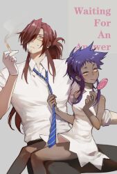 1boy 1girl bare_arms bare_shoulders black_pants blue_necktie brown_eyes candy cigarette collared_shirt cross_marian d.gray-man dark-skinned_female dark_skin dress english_text facial_hair food glasses gloves grey_background hair_over_one_eye hair_over_shoulder high_ponytail highres holding holding_candy holding_cigarette holding_food holding_lollipop holding_necktie invisible_chair lollipop long_hair looking_to_the_side looking_up mature_male messy_hair necktie noah_(d.gray-man) pants ponytail purple_hair red_hair road_kamelot rocheng shirt short_dress short_hair short_sleeves sidelocks simple_background single_sidelock sitting sitting_on_lap sitting_on_person sleeveless sleeveless_dress smoke spiked_hair striped_necktie sweat sweatdrop thighs tongue tongue_out white_dress white_gloves white_shirt yellow_eyes