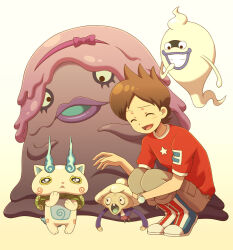 1boy amano_keita brown_hair brown_pants closed_eyes cyaneko don&#039;yoriinu grin komasan male_focus official_style old old_woman open_mouth pants red_shirt shirt simple_background smile squatting tears wavy_eyes whisper_(youkai_watch) white_background youkai_(youkai_watch) youkai_watch