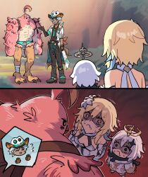2boys 2girls :c ^_^ abs absurdres ahoge backpack bag bandaged_leg bandages beak bird_boy blonde_hair boots brown_eyes cacucu chibi chibi_inset closed_eyes closed_mouth coat constricted_pupils cowboy_hat dark-skinned_male dark_skin dress eyepatch feathers flower flying_sweatdrops furrification furry furry_male genshin_impact gloom_(expression) gloves green_eyes green_hair hair_flower hair_ornament halo hat height_difference highres huge_ahoge ifa_(genshin_impact) lab_coat long_sleeves looking_at_another lumine_(genshin_impact) male_swimwear mechanical_halo medical_eyepatch multicolored_hair multiple_boys multiple_girls multiple_scars muscular muscular_male neck_tattoo nervous_sweating open_clothes open_coat open_mouth outdoors paimon_(genshin_impact) pants partially_shaded_face qucusaurus_(genshin_impact) raised_inner_eyebrows romper sakana_(fishchunk) scar scar_across_eye scar_on_arm scar_on_face scared scarf shaded_face shirt short_hair short_hair_with_long_locks smile standing sweat swim_briefs talons tattoo trembling two-tone_hair veins white_hair yellow_eyes