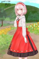 1girl absurdres braid bride fire_emblem fire_emblem_engage grey_hairband hair_ribbon hairband highres kogepanover lapis_(fire_emblem) looking_at_viewer nintendo outdoors pink_eyes pink_hair red_hairband ribbon shirt_under_dress side_braid smile solo two-tone_hairband white_ribbon