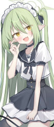 1girl :d absurdres alternate_costume black_choker black_sailor_collar black_skirt black_thighhighs blue_archive choker commentary_request fang green_hair green_halo hair_between_eyes halo hanasaki_rin heart highres long_hair looking_at_viewer maid_headdress nozomi_(blue_archive) open_mouth pointy_ears sailor_collar shirt single_thighhigh skirt smile solo thighhighs tongue two_side_up very_long_hair white_shirt yellow_eyes