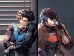 2boys animal_print artist_name bat_print batman_(series) black_bodysuit black_gloves black_hair black_shirt blue_bodysuit bodysuit brothers brown_jacket closed_eyes clothes_lift dc_comics dick_grayson gloves holding holding_phone jacket jason_todd jjmk-jjmk lifting_own_clothes male_focus multiple_boys nightwing open_clothes open_jacket open_mouth phone red_hood_(dc) shirt short_hair siblings smile talking_on_phone two-tone_bodysuit undressing upper_body