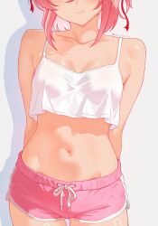 1girl absurdres alt_text arms_behind_back artist_name blush breasts camisole closed_mouth collarbone commentary doki_doki_literature_club dolphin_shorts hair_ribbon head_out_of_frame highres kun_kaiss midriff natsuki_(doki_doki_literature_club) navel pink_hair pink_shorts red_ribbon ribbon short_hair shorts simple_background small_breasts solo spaghetti_strap stomach thighs twitter_username white_background white_camisole