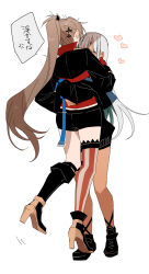 2girls amazuki_jou anger_vein aqua_hair azur_lane black_boots black_jacket black_shoes black_shorts boots brown_hair closed_eyes colored_inner_hair dark-skinned_female dark_skin facial_mark forehead_mark gloves heart high_heel_boots high_heels highres hug jacket jean_bart_(azur_lane) knee_boots lifting_person long_hair massachusetts_(azur_lane) multicolored_hair multiple_girls ponytail red_gloves shoes shorts single_thighhigh speech_bubble spoken_heart thighhighs translation_request white_hair yuri