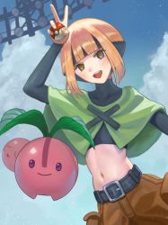 1girl :d belt black_belt black_hair blunt_bangs blush bright_pupils cherubi cloud commentary_request creatures_(company) day eyelashes game_freak gardenia_(pokemon) gen_4_pokemon holding holding_poke_ball midriff multicolored_hair navel nintendo open_mouth orange_hair outdoors poke_ball poke_ball_(basic) pokemon pokemon_(creature) pokemon_dppt poncho short_hair shorts sky smile teeth tongue tunguu two-tone_hair upper_teeth_only
