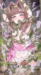 1girl absurdres ahegao amano_nene_(digimon_xros_wars) arms_up blush breasts brown_hair clothing_aside commentary_request cum cum_in_pussy digimon digimon_xros_wars ejaculation fellatio female_ejaculation female_orgasm fukuiii0110 highres lactation long_hair medium_breasts nipples oral orgasm panties panties_aside purple_eyes restrained rolling_eyes solo stomach_bulge tentacle_sex tentacles torn_clothes underwear vaginal variant_set white_panties