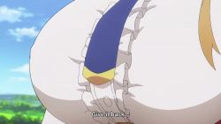 1girl animated anime_screenshot ass bestiality between_breasts between_buttocks blonde_hair blue_necktie breasts cow enome face_in_ass face_to_breasts futoku_no_guild head_out_of_frame highres huge_ass huge_breasts jacket long_sleeves mature_female necktie no_pants orange_jacket panties pink_panties shirt sound subtitled tagme thighs underwear video white_shirt