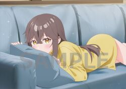 1girl anime_coloring blush brown_hair couch covered_mouth cowboy_shot cushion hair_between_eyes hair_down long_hair long_sleeves looking_at_viewer lying nakashiki_saori on_stomach otonari-san_(sasaki_to_p-chan) sasaki_to_p-chan shirt solo thighs yellow_eyes yellow_shirt