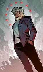 1boy abstract_background ai_the_somnium_files black_pants blonde_hair blue_jacket cityscape cowboy_shot dark-skinned_male dark_skin expressionless hair_between_eyes halo highres jacket male_focus medium_hair open_clothes open_jacket pants ponytail red_halo sejima_saito short_ponytail sinlizards solo spoilers sweater turtleneck turtleneck_sweater underlighting white_sweater