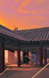 Rule 34 | 2boys, ahoge, architecture, arms behind back, black boots, black hair, black hanfu, boots, cat, chinese clothes, east asian architecture, full body, hair ribbon, half updo, hanfu, high ponytail, highres, jinhongi, light rays, long hair, long sleeves, multiple boys, open door, outdoors, ponytail, ribbon, running, seol young, sheath, sheathed, shrimpkk, sunbeam, sunlight, sunset, sword, walking, weapon, white hanfu, white ribbon, window, window shadow, zaha, zhijupao