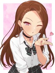1girl 82k_mugi asymmetrical_bangs black_bow black_bowtie black_choker blowing_kiss blush border bow bowtie brown_hair choker collarbone collared_shirt concept_gyarus_(idolmaster) diagonal-striped_bow diagonal-striped_bowtie diagonal-striped_clothes dot_nose earrings eyelashes forehead grey_skirt gyaru hair_over_shoulder hand_up heart heart_choker highres idolmaster idolmaster_(classic) idolmaster_million_live! idolmaster_million_live!_theater_days jewelry long_hair looking_at_viewer loose_bowtie minase_iori official_alternate_costume one_eye_closed open_collar outside_border parted_lips pink_background pink_eyes pink_nails plaid_clothes plaid_skirt pleated_skirt rabbit_earrings school_uniform shirt single_sidelock skirt sleeves_rolled_up solo striped_clothes swept_bangs upper_body white_border white_shirt