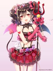 1girl :d arm_tattoo asymmetrical_wings bad_id bad_pixiv_id bare_shoulders black_hair blush bow breasts cleavage cowboy_shot demon_girl demon_horns demon_tail demon_wings earrings elbow_gloves female_focus floral_print flower garter_straps glint gloves hair_bow hair_ornament hairclip heart holding horns jewelry layered_clothes layered_skirt looking_at_viewer love_live! love_live!_school_idol_project navel open_mouth pink_background pink_bow pink_gloves pixiv_id polearm polka_dot polka_dot_bow print_skirt purple_flower purple_rose red_eyes red_skirt rose rose_print shiny_skin short_hair short_twintails simple_background skirt small_breasts smile solo sparkle standing stomach striped_clothes striped_gloves suspender_skirt suspenders tail tareme tattoo trianon trident twintails twitter_username vertical-striped_clothes vertical-striped_gloves watermark wavy_mouth weapon web_address wings yazawa_nico