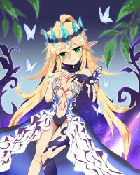 1girl 1up_(solid2) absurdres antenna_hair bare_shoulders blonde_hair blue_butterfly body_markings borrowed_character breasts bug butterfly chest_tattoo closed_mouth colored_inner_hair commission elf flower green_eyes hair_between_eyes headpiece highres insect leaf long_hair looking_at_viewer multicolored_hair original pointy_ears red_tattoo revealing_clothes skeb_commission small_breasts solo star_(symbol) star_print starry_hair starry_sky_print stomach_tattoo tattoo very_long_hair vivi_(ac8231) white_flower wrist_flower