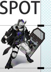 1boy arknights ballistic_shield black_hair black_jacket character_name claws closed_mouth endless_(1482999) fingerless_gloves furry furry_male gloves grey_fur grey_shirt highres holding holding_shield hyena_boy hyena_ears hyena_tail infection_monitor_(arknights) jacket looking_at_viewer male_focus multicolored_hair pants shield shirt spot_(arknights) streaked_hair torn_clothes torn_pants white_pants
