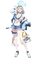 Rule 34 | 1girl, absurdres, assault rifle, asuna (blue archive), baffu, bag, bikini, blonde hair, blue archive, blue eyes, blue halo, blue shorts, bow, breasts, bullpup, commentary request, cutoffs, denim, denim shorts, famas, gun, gun sling, hair bow, hair over one eye, halo, highres, holding, holding bag, large breasts, long hair, navel, open fly, rifle, sandals, short shorts, shorts, simple background, smile, swimsuit, weapon, white background, white bikini