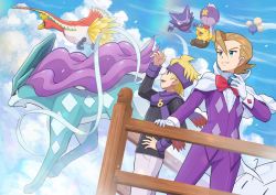 2boys absurdres black_sweater blonde_hair cloud commentary_request day diglett drifblim drowzee electrode_(pokemon) eusine_(pokemon) fence gen_1_pokemon gen_2_pokemon gen_4_pokemon gloves green_eyes haunter headband highres ho-oh jacket jumpluff legendary_pokemon light_brown_hair male_focus morty_(pokemon) multiple_boys nintendo outdoors pants parted_lips pokemoa pokemon pokemon_(creature) pokemon_hgss purple_headband purple_jacket purple_pants purple_scarf scarf sky smile suicune sweater white_gloves
