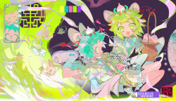 animal_ears architecture blonde_hair champagnetree chibi chinese_clothes cloud east_asian_architecture green_eyes green_hair highres moon mouse_ears original rabbit yellow_eyes