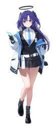 1girl black_coat black_gloves blue_archive blue_eyes blue_hair blue_necktie blush breasts closed_mouth coat full_body gloves hair_intakes hair_ornament halo highres jacket large_breasts long_hair long_sleeves looking_at_viewer necktie ootsuka_you open_clothes open_jacket puffy_long_sleeves puffy_sleeves purple_eyes purple_hair shirt simple_background smile solo triangle_hair_ornament white_background white_jacket white_shirt yuuka_(blue_archive)