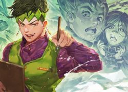 3boys bandaid bandaid_on_face bandaid_on_nose canvas_(object) earrings frown gakuran green_eyes green_hair hazamada_toshikazu headband hirose_koichi inkwell jewelry jojo_no_kimyou_na_bouken kishibe_rohan male_focus multiple_boys nojamman open_mouth pen school_uniform smile sweat upper_body vest