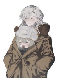 1boy 1girl avgust_(reverse:1999) brown_coat closed_eyes closed_mouth coat grey_hair hands_in_pockets hat highres open_mouth reverse:1999 shared_clothes shared_coat short_hair smile steam_from_mouth upper_body ushanka white_hair white_hat wilson_(wilson1151487) windsong_(reverse:1999)