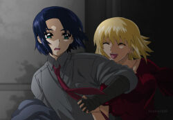 1boy 1girl artist_name athrun_zala blonde_hair blue_hair cagalli_yula_athha closed_eyes couple fumiko_(mesushi) green_eyes grey_jacket grey_shirt gundam gundam_seed gundam_seed_freedom happy holding_hands jacket red_shirt red_tie shirt short_hair smile unworn_jacket