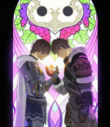 2boys adventurer_(ff14) ardbert_hylfyst armor beard_stubble breastplate brown_hair cape closed_eyes constellation_crystal_(ff14) cowboy_shot facial_hair faulds final_fantasy final_fantasy_xiv floating floating_object from_side gauntlets highres hyur male_focus mask multiple_boys paladin_(final_fantasy) pauldrons pleasebemine00 profile short_hair shoulder_armor stained_glass standing stubble warrior_(final_fantasy) warrior_of_light_(ff14) white_cape