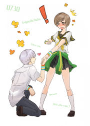 1boy 1girl atlus az0212 bad_id bad_pixiv_id blush brown_eyes brown_hair grey_hair jacket legs narukami_yu persona persona_4 satonaka_chie short_hair skirt wristband