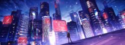 Rule 34 | 1boy, billboard, black jacket, black pants, blue sky, building, city, city lights, cityscape, cloud, cloudy sky, evening, facing away, highres, jacket, kotomeiro, light particles, male focus, night, outdoors, pants, persona, persona 5, scenery, sky, skyscraper, traffic light