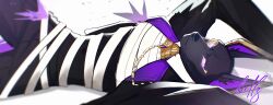 1boy absurdres animal_ears black_coat black_pants closed_mouth coat daru808080 dislyte drew_(anubis)_(dislyte) furry furry_male highres jackal_boy jackal_ears looking_at_viewer lying male_focus monocle on_back pants signature white_background