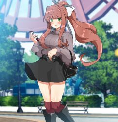 1girl alternate_costume bad_tag bag belt belt_buckle bench boots bow breasts buckle cellphone doki_doki_literature_club green_eyes hair_bow hair_intakes handbag hedge holding holding_phone lamppost looking_at_viewer medium minoyama monika_(doki_doki_literature_club) outdoors phone ponytail smile socks sweater thighhighs tree zettai_ryouiki
