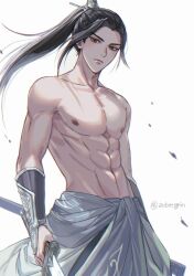 1boy abs aubergrin bare_shoulders black_hair braid chinese_clothes closed_mouth clothes_around_waist collarbone commentary cowboy_shot curtained_hair english_commentary expressionless falling_leaves floating_hair grey_eyes hanfu high_ponytail highres holding holding_sword holding_weapon leaf liu_qingge long_hair looking_to_the_side male_focus parted_bangs pectorals ponytail renzha_fanpai_zijiu_xitong scabbard sheath side_braid simple_background single_braid solo sword toned toned_male topless_male vambraces weapon white_background white_hanfu wind xiao_guan_(headdress)