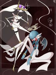 alternate_color blue_hair blue_skin bob_cut colored_skin dress eyewear_on_head gardevoir gen_3_pokemon gen_7_pokemon hair_over_one_eye highres inb795 multicolored_skin nintendo pheromosa pokemon pokemon_(creature) purple-tinted_eyewear shiny_pokemon tinted_eyewear two-tone_skin ultra_beast white_dress white_skin