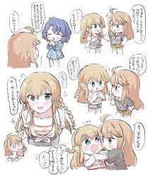 3girls ahoge arrow_through_heart black_shirt blue_dress blue_eyes blue_hair blush braid brown_hair chibi closed_eyes collarbone denim denim_shorts dress eye_contact highres idolmaster idolmaster_million_live! index_finger_raised index_fingers_together kousaka_umi leaning_forward long_hair long_sleeves looking_at_another looking_at_viewer multiple_girls multiple_views ngetyan open_mouth own_hands_together polka_dot polka_dot_dress shirt short_hair short_sleeves shorts side_braids simple_background skirt smile speech_bubble striped_clothes striped_skirt tokoro_megumi toyokawa_fuka translation_request white_background yuri