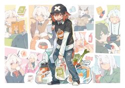 4boys 6+girls absurdres ahoge alina_(arknights) angry animal_ears antenna_hair antlers arknights bag bag_of_chips baseball_cap bathroom bear_ears black_hair black_hat black_pants black_shirt black_shorts black_sweater blue_background blue_eyes book border bow bowtie bread bread_slice bright_pupils brown_vest buttons candy carrot chinese_commentary closed_eyes collared_shirt commentary_request cowboy_shot crownslayer_(arknights) cup denim dopperu_ben double-breasted extra_ears faust_(arknights) feet_out_of_frame food full_body green_background green_hoodie green_vest grey_eyes grin hair_intakes hair_over_one_eye handheld_game_console hat highres holding holding_book holding_cup holding_handheld_game_console holding_newspaper hood hoodie horns hyena_ears jeans lace-trimmed_collar lace_trim long_sleeves looking_at_another looking_at_viewer looking_down mephisto_(arknights) misha_(arknights) mug multiple_boys multiple_girls newspaper nintendo_switch open_mouth orange_background outline own_hands_together pants patriot_(arknights) pet_food pillow pink_background pink_shirt pointy_ears rabbit_ears reading red_background red_bow red_bowtie red_eyes red_hair scales shampoo shirt shoes shopping_bag short_hair shorts simple_background sink skullshatterer_(arknights) smile sneakers soda_bottle speech_bubble spring_onion steam suspender_shorts suspenders sweater talulah_(arknights) teacup tile_wall tiles toast toilet_paper torn_clothes torn_jeans torn_pants towel undershirt upper_body vest w_(arknights) wendigo white_background white_hair white_pupils white_shirt wrapped_candy yellow_background
