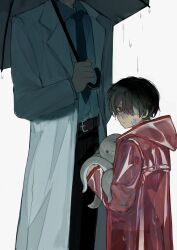 2boys absurdres aged_down alternate_costume alternate_universe bandaid bandaid_on_cheek bandaid_on_face bandaid_on_nose belt belt_buckle black_belt black_hair black_pants blue_necktie blue_shirt buckle ch189615 chinese_commentary closed_mouth coat collared_shirt contemporary dao_gui_yi_xian eyepatch hair_between_eyes head_out_of_frame height_difference highres holding holding_stuffed_toy holding_umbrella hood hood_down hooded_coat implied_yaoi lab_coat li_huowang li_huowang_(modern_world) long_sleeves looking_at_viewer male_focus medical_eyepatch multiple_boys necktie octopus official_alternate_hair_length official_alternate_hairstyle one_eye_covered open_clothes open_coat pants qing_wanglai rain raincoat red_coat red_eyes scar scar_on_face see-through_clothes see-through_coat shirt short_hair simple_background standing stuffed_animal stuffed_toy umbrella wet wet_clothes wet_hair white_background white_coat