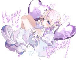 1girl aoi_(zelda0616) blonde_hair blush character_doll doll fang hair_ornament hairpin happy_birthday heart holding holding_doll hololive hololive_dev_is jacket looking_at_viewer multicolored_hair purple_eyes purple_hair shirt skin_fang smile solo streaked_hair todoroki_hajime todoroki_hajime_(1st_costume) two_side_up v virtual_youtuber white_jacket white_shirt