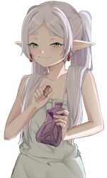 1girl bare_arms bare_shoulders blush bottle closed_mouth collarbone cowboy_shot dot_nose dress earrings elf eyelashes female_focus flat_chest frieren green_eyes holding holding_bottle jewelry long_hair long_pointy_ears looking_at_viewer meemz_a naughty_face pointy_ears simple_background sleeveless sleeveless_dress smile smug solo sousou_no_frieren standing thick_eyebrows twintails white_background white_dress white_hair