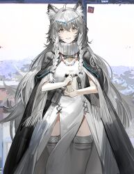 1girl absurdres ahoge animal_ear_fluff animal_ears arknights belt_pouch black_coat braided_sidelocks cat_ears coat collared_dress commentary cowboy_shot cup dress english_commentary grey_eyes grey_hair grey_thighhighs hair_between_eyes highres holding holding_cup long_hair long_sidelocks open_mouth pelvic_curtain plumw pouch pramanix_(arknights) sidelocks smile solo standing straight-on thighhighs white_dress winter_clothes