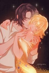 1boy 1girl arm_around_neck artist_name athrun_zala black_background black_hair blonde_hair cagalli_yula_athha closed_eyes collared_shirt commentary_request couple dress fine_art_parody gundam gundam_seed hand_on_another&#039;s_face hetero highres hug kiss kissing_cheek kkkkyo_mot off-shoulder_dress off_shoulder parody shirt short_hair smile sparkle the_kiss twitter_username upper_body white_shirt yellow_dress