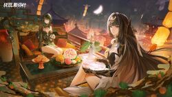 2girls architecture bird black_hair breasts building china_dress chinese_clothes cityscape cleavage closed_mouth cloud copyright_name couch couple dress drone east_asian_architecture flower food green_hair grey_eyes hair_ornament hairpin half_moon hanying:_solacetune_(pgr) hanying_(pgr) headdress highres jewelry lantern long_hair moon multiple_girls necklace night official_art on_couch panda paper_lantern plate punishing:_gray_raven qu:_shukra_(pgr) qu_(pgr) second-party_source sitting smile table yellow_eyes