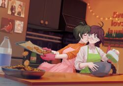 2girls absurdres ahoge alternate_costume antenna_hair apron baking_sheet bottle bowl braid candle closed_eyes closed_mouth collared_shirt commentary cookie cupboard danganronpa_(series) danganronpa_another_episode:_ultra_despair_girls english_commentary eyelashes food fukawa_toko glasses green_apron green_hair hanging_light highres holding holding_tray indoors kirigiri_kyoko kitchen lily_(superkiiisa) lips live_laugh_love mixer_(cooking) mixing_bowl mole mole_under_mouth multiple_girls naegi_komaru nuzzle orange_shirt oven_mitts photo_(object) pink_apron purple_hair refrigerator round_eyewear shirt short_hair sleeves_rolled_up togami_byakuya tray white_shirt yuri