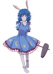 1girl ambiguous_red_liquid animal_ears arms_behind_back bloomers blue_dress blue_hair closed_mouth collarbone crescent dress earclip female_focus frilled_dress frills full_body highres kine long_hair looking_at_viewer low_twintails mallet puffy_short_sleeves puffy_sleeves rabbit_ears red_eyes seiran_(touhou) short_sleeves simple_background socks solo star_(symbol) touhou twintails underwear uranaishi_(miraura) white_background white_socks